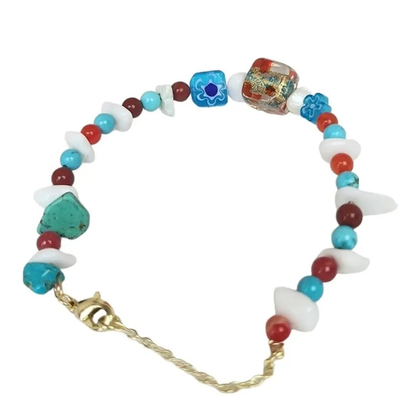 14k Gold Plated Turquoise Foil Lined Lampwork Ruby Jade Red Jasper Bracelet - Picture 1 of 2